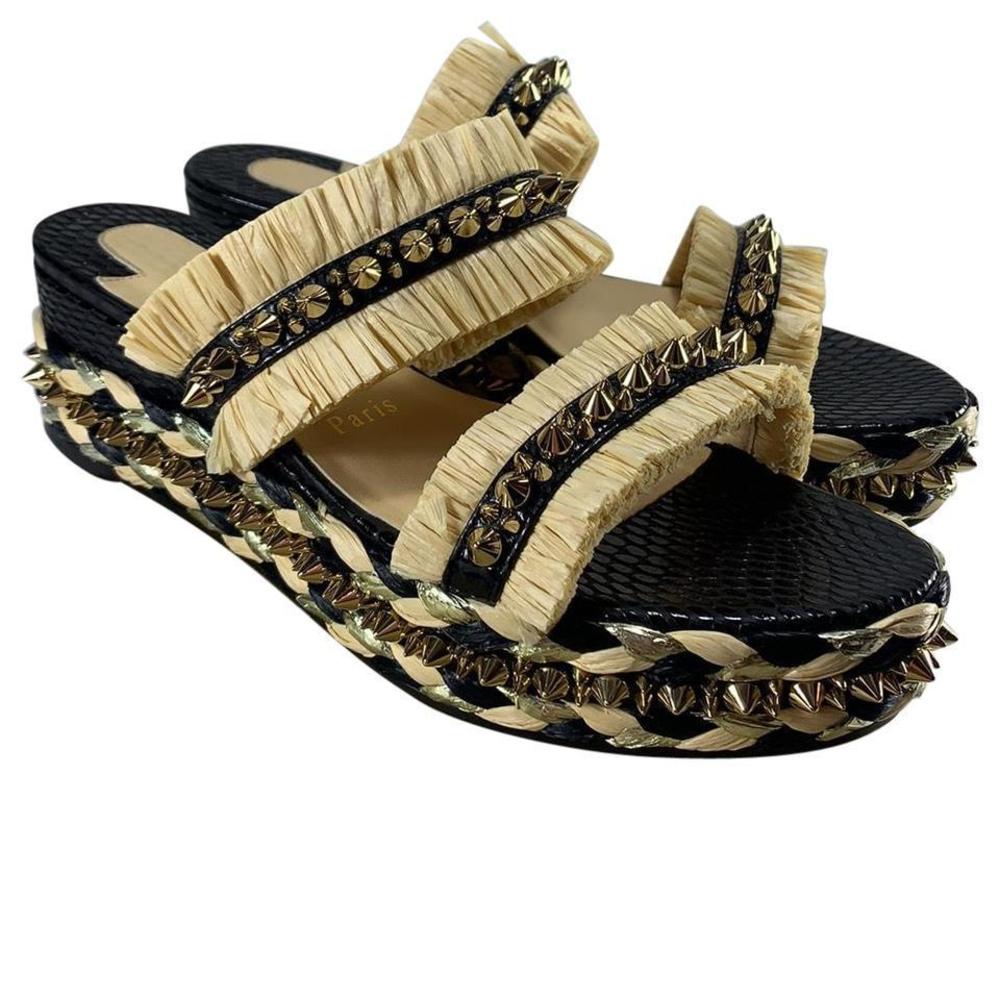 Voltinoudou 60mm Tie Black Cruise Raffia Spike Wedge Sandals D634